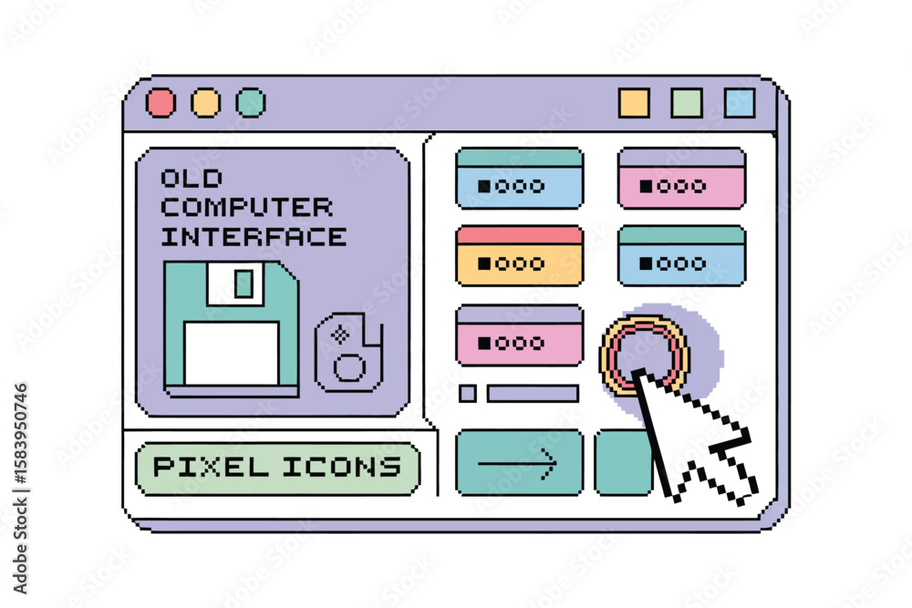 Fototapete pixelated vintage desktop interface with cursor pointing to an application button for a nostalgic co