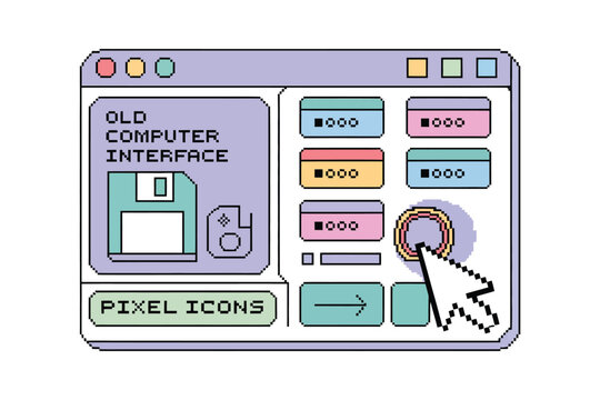 Pixelated vintage desktop interface with cursor pointing to an application button for a nostalgic computer look.