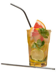 Glass with cocktail and grapefruit, lemon and orange slices, metal straw inside.
