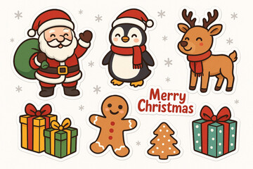 Holiday Sticker Set with Santa, Animals, Presents and Gingerbread Cookies – Winter Vector Collection