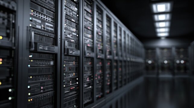 Dark gray server racks in modern data center technology background