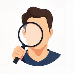 Person holding magnifying glass looking at the viewer in illustration  