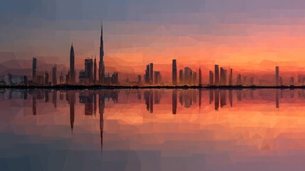 City skyline sunset reflection urban panorama polygonal style