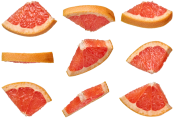 Triangular grapefruit slices with juicy pulp on an isolated background in different angles on an isolated background