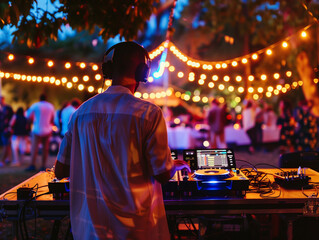 Obraz premium dj mixing tracks at outdoor summer party, colorful lights, people dancing