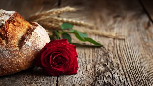 Freshly baked bread paired with a red rose on rustic wooden table captures the essence of simple joys and timeless beauty