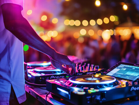 dj mixing tracks at outdoor summer party, colorful lights, people dancing
