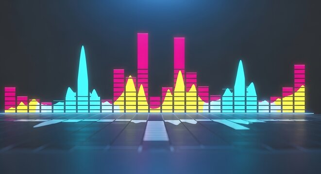 Abstract digital audio visualizer with neon colors against a dark reflective background. Glowing equalizer bars represent sound waves. Futuristic design.