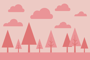 Pink landscape art presents forest and clouds, providing an illustrative background element for creative design.