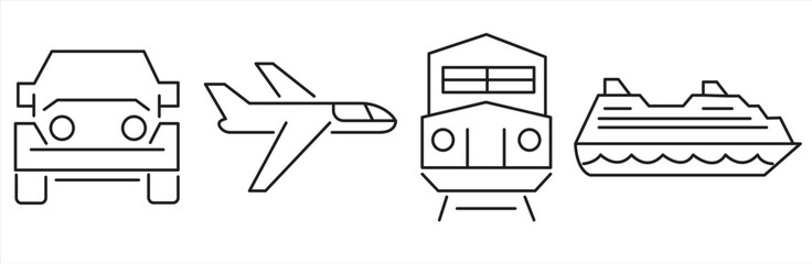 Public transport icons, related to car, plane, train, ship, isolated on white background, vector illustration.

