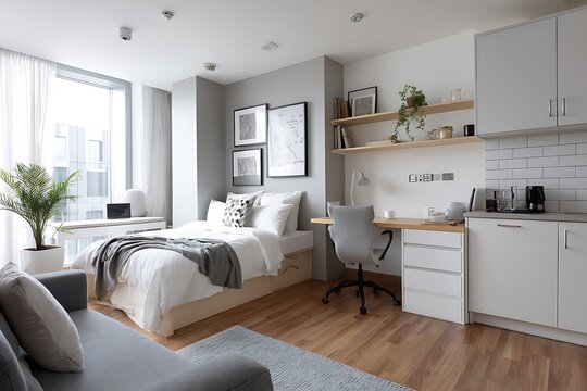 A modern and minimalist studio apartment featuring a cozy bed, a functional desk area, and a compact kitchen space.