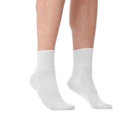 Man wearing clean socks on white background, closeup