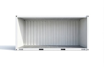 Grey surface features single refrigerated container with white stripes. Empty interior of container mirrored in color scheme. Geometric shapes prominent in isolated image.