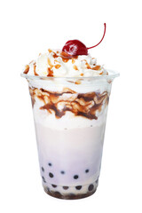 Tasty milk bubble tea in plastic cup isolated on white
