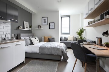 A modern and minimalist studio apartment interior featuring a bed, desk, sofa, and kitchen area in a clean and bright space.