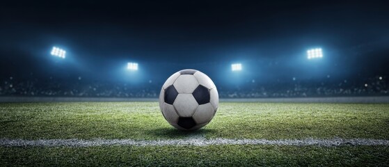 The soccer ball on a well-lit field in a dramatic evening setting.