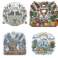 Seasonal harvest illustrations featuring food, pumpkins, and nature  