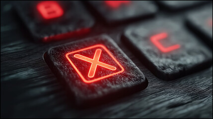 Close-up of red glowing letters on a black wooden gaming keyboard, focused on the "X" key with a triangular shape symbolizing an PNG solid fill pattern. 