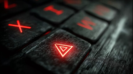Close-up of red glowing letters on a black wooden gaming keyboard, focused on the "X" key with a triangular shape symbolizing an PNG solid fill pattern. 