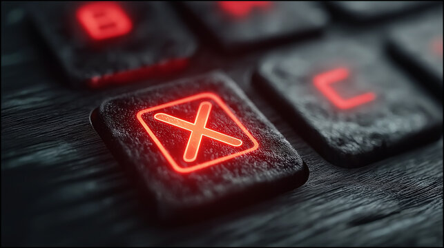 Close-up of red glowing letters on a black wooden gaming keyboard, focused on the "X" key with a triangular shape symbolizing an PNG solid fill pattern. 