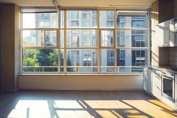  Empty modern apartment with large windows ready for renovation, ideal for real estate listings and interior design