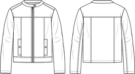 Unisex Biker Jacket. Technical fashion flat sketch. Front and back, white colour. Women's CAD mock-up