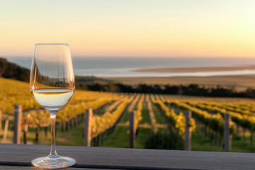 Obraz premium Wine glass with vineyard view at sunset in New Zealand winery, capturing elegance and tranquility of viticulture.
