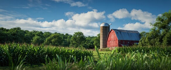 The rustic red barn surrounded by lush cornfields on a sunny day.