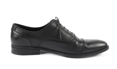 One black leather shoe on white background