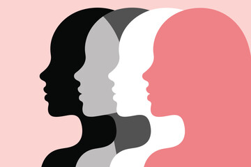 Diverse faces stand together in a profile view, depicting unity, solidarity, and the power of women in a vector art style.