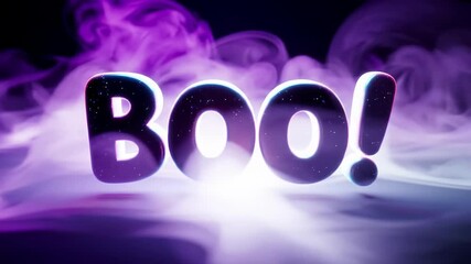 Spooky halloween boo sign with glowing letters in foggy atmosphere on dark background. concept of fright night, haunted decor, festive halloween decoration. Animation