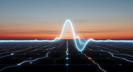 A digital data visualization with a central peak representing data flow against a sunset background featuring illuminated grid lines and dots highlighting information.