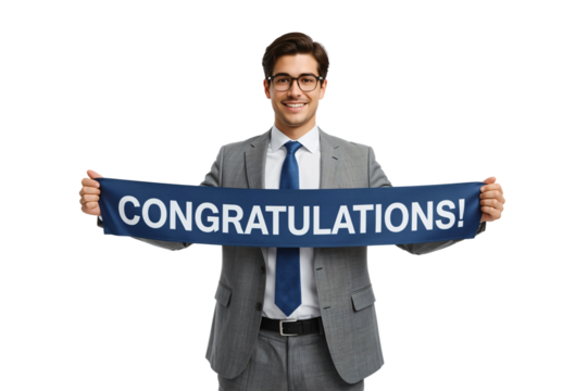 Studio portrait Smiling businessman holding "Congratulations!" banner