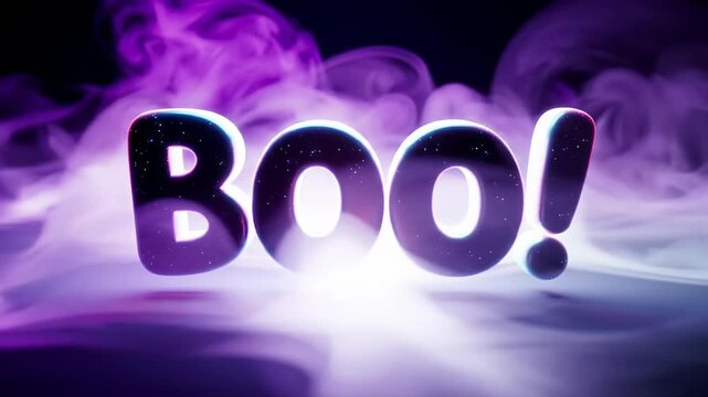 Spooky halloween boo sign with glowing letters in foggy atmosphere on dark background. concept of fright night, haunted decor, festive halloween decoration. Animation