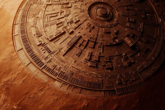  Spaceship landing on alien desert planet with futuristic architecture in extraterrestrial landscape atmosphere