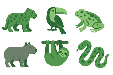 simple Amazon jungle animal set with jaguar, toucan, frog, capybara, sloth, anaconda in green tones on transparent background.