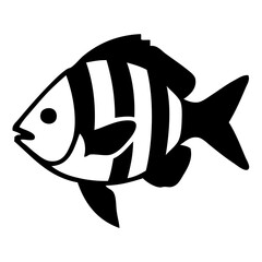 Bold, black and white vector illustration of a tropical fish with prominent vertical stripes. The simple yet effective graphic style makes it suitable for logos, icons, marine-themed branding.