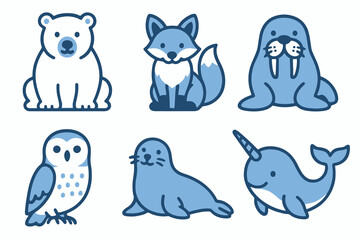 simple Arctic wildlife set with polar bear, arctic fox, walrus, snowy owl, seal, narwhal in blue tones on transparent background. © VectorGomes