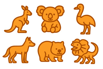 Fototapeta premium Australian outback animals in light and dark orange shades: kangaroo, koala, emu, dingo, wombat, frilled lizard. Flat cartoon style transparent.