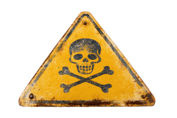 Yellow triangular sign. Grungy style danger sign with skull and cross bones. Rusty. Warning. Caution. Hazard. Danger. Worn out on white background