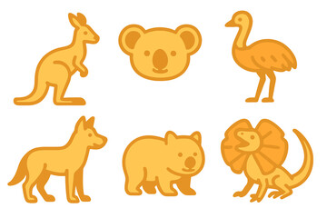 Obraz premium simple Australia wildlife set with kangaroo, koala, emu, dingo, wombat, frilled lizard in orange tones on transparent background.