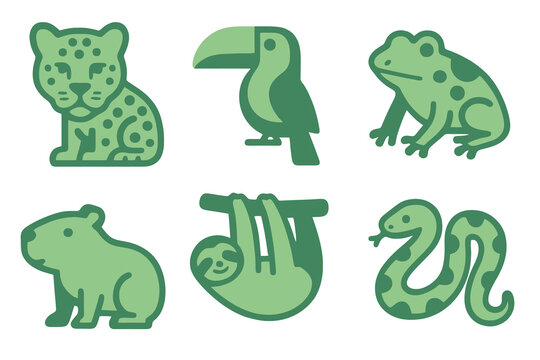 Amazon rainforest animals in light and dark green shades: jaguar, toucan, dart frog, capybara, sloth, anaconda. Flat cartoon style transparent.