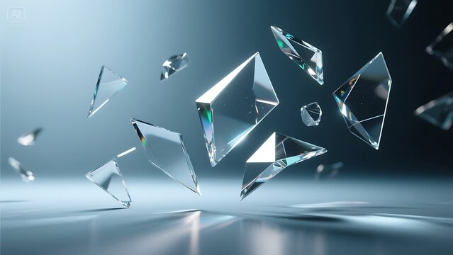 A collection of clear crystal shards float and reflect light in a mesmerizing display of geometric elegance