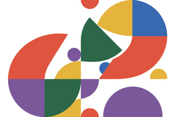 Geometric composition featuring various colorful shapes creating a modern and playful abstract artwork.