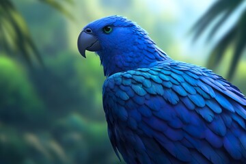 Obraz premium Striking Blue Parrot Portrait in a Lush Green Forest Setting