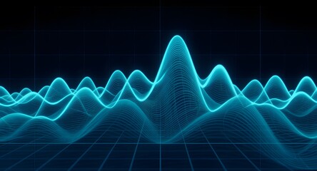 Abstract visualization of fluctuating data represented by luminous cyan waves and a grid against a dark blue background. The image depicts digital information or scientific data.
