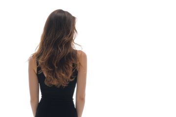 Young woman standing back view on white background