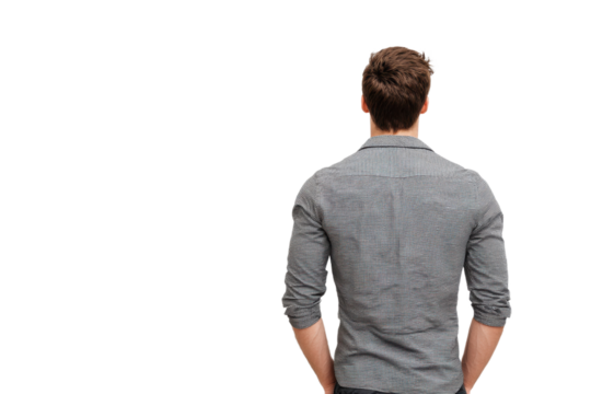 Young man standing back view on white background