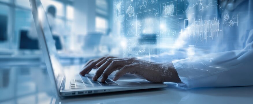 The hands of a professional typing on a laptop in a digital workspace - Powered by Adobe