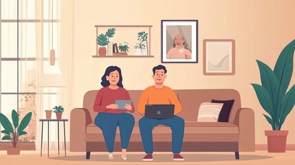 Couple relaxing on a couch, using digital devices.